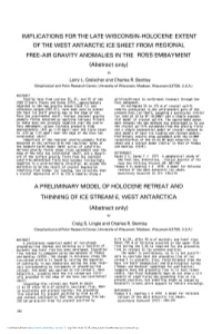IMPLICATIONS for the LATE WISCONSIN-HOLOCENE EXTENT of the WEST ANTARCTIC ICE SHEET from REGIONAL FREE-AIR GRAVITY ANOMALIES in the ROSS EMBAYMENT (Abstract Only)