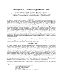 Development of Laser Technology in Poland – 2016