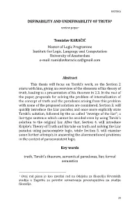 DEFINABILITY and UNDEFINABILITY of TRUTH1 Review Paper