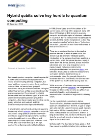 Hybrid Qubits Solve Key Hurdle to Quantum Computing 28 December 2018