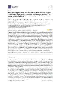Mutation Spectrum and De Novo Mutation Analysis in Stickler Syndrome Patients with High Myopia Or Retinal Detachment