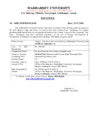 MADHABDEV UNIVERSITY a State University Established Under the Assam Act No