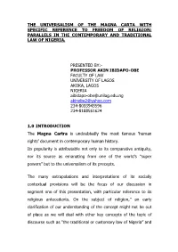 The Universalism of the Magna Carta with Specific Reference to Freedom of Religion: Parallels in the Contemporary and Traditional Law of Nigeria