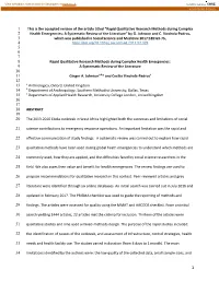 Rapid Qualitative Research Methods During Complex Health Emergencies: 9 a Systematic Review of the Literature 10 11 Ginger A