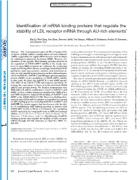 Identification of Mrna Binding Proteins That Regulate the Stability of LDL Receptor Mrna Through AU-Rich Elements