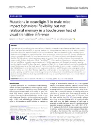 Mutations in Neuroligin-3 in Male Mice Impact Behavioral Flexibility but Not Relational Memory in a Touchscreen Test of Visual Transitive Inference Rebecca H