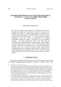Divided Performance of Patented Methods in Australia: a Call to Codify Procured Infringement