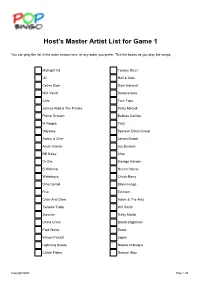 Host's Master Artist List for Game 1