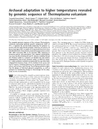 Archaeal Adaptation to Higher Temperatures Revealed by Genomic Sequence of Thermoplasma Volcanium