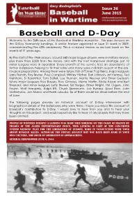 Baseball and D-Day Welcome to the 36Th Issue of the Baseball in Wartime Newsletter