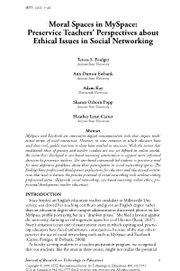 Moral Spaces in Myspace: Preservice Teachers' Perspectives About