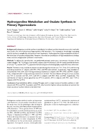 Hydroxyproline Metabolism and Oxalate Synthesis in Primary Hyperoxaluria