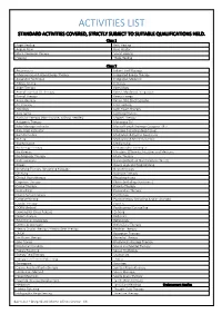 Activities List Standard Activities Covered, Strictly Subject to Suitable Qualifications Held