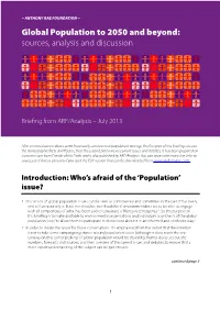 Global Population to 2050 and Beyond: Sources, Analysis and Discussion
