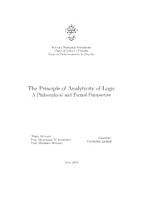 The Principle of Analyticity of Logic a Philosophical and Formal Perspective