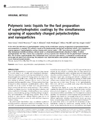 Polymeric Ionic Liquids for the Fast Preparation of Superhydrophobic Coatings by the Simultaneous Spraying of Oppositely Charged Polyelectrolytes and Nanoparticles