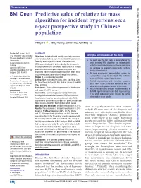 Predictive Value of Relative Fat Mass Algorithm for Incident Hypertension: a 6-­Year Prospective Study in Chinese Population