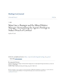 Main Line V. Basinger and the Mixed Motive Manager: Reexamining the Agent's Privilege to Induce Breach of Contract Stephen P