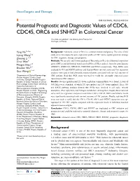 Potential Prognostic and Diagnostic Values of CDC6, CDC45, ORC6 and SNHG7 in Colorectal Cancer