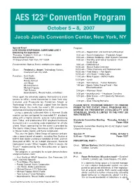 AES 123Rd Convention Program October 5 – 8, 2007 Jacob Javits Convention Center, New York, NY