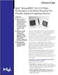 Intel® Strongarm® SA-1110 High- Performance, Low-Power Processor for Portable Applied Computing Devices