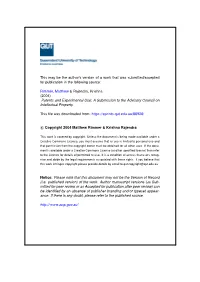 Patents and Experimental Use: a Submission to the Advisory Council on Intellectual Property