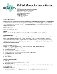 Facts at a Glance Contact: Beth Shumate, MCVB Communications Manager Mckinney Convention & Visitors Bureau 200 W