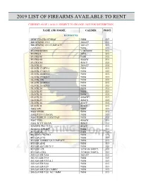 2019 List of Firearms Available to Rent