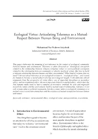 Ecological Virtue: Articulating Tolerance As a Mutual- Respect Between Human Being and Environment