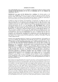 Important Notice Not for Distribution To