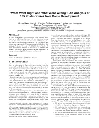 An Analysis of 155 Postmortems from Game Development