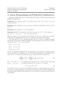 3. Linear Programming and Polyhedral Combinatorics Summary of What Was Seen in the Introductory Lectures on Linear Programming and Polyhedral Combinatorics