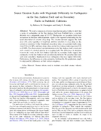 Source Duration Scales with Magnitude Differently for Earthquakes on the San Andreas Fault and on Secondary Faults in Parkfield, California by Rebecca M