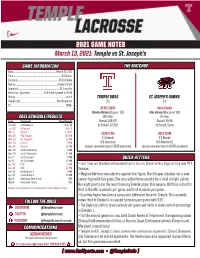 2021 GAME NOTES March 13, 2021: Temple Vs St. Joseph's