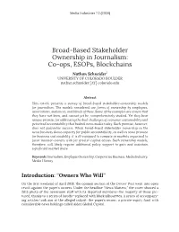 Broad-Based Stakeholder Ownership in Journalism: Co-Ops, Esops, Blockchains