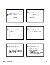 CS110: Introduction to Computer Science the String Data Type The