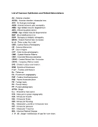 List of Common Ophthalmic and Retinal Abbreviations