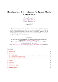 Benchmark of C++ Libraries for Sparse Matrix Computation