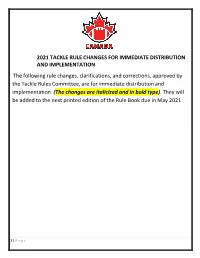 2021 Tackle Rule Changes for Immediate Distribution and Implementation