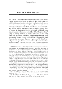 HISTORICAL INTRODUCTION the Book on Adler Is Ostensibly About Adolph Peter Adler;1 Essen Tially It Is About the Concept of Au