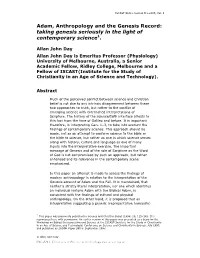 Adam, Anthropology and the Genesis Record: Taking Genesis Seriously in the Light of Contemporary Science1