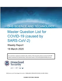 Master Question List for COVID-19 (Caused by SARS-Cov-2) Weekly Report 18 March 2020