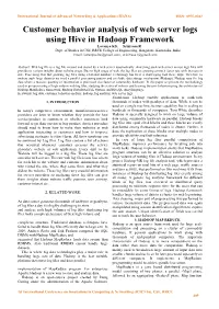 Customer Behavior Analysis of Web Server Logs Using Hive in Hadoop Framework Lavanya KS, Srinivasa R Dept