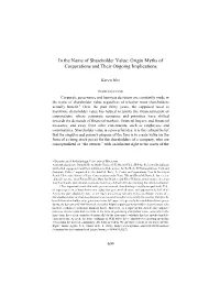 In the Name of Shareholder Value: Origin Myths of Corporations and Their Ongoing Implications