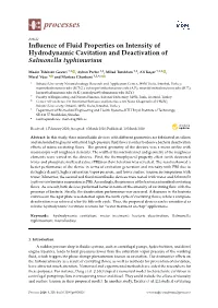 Influence of Fluid Properties on Intensity of Hydrodynamic Cavitation and Deactivation of Salmonella Typhimurium