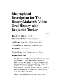 Biographical Description for the Historymakers® Video Oral History with Benjamin Tucker