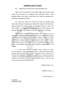 Dated 9Th October, 2018 Reg. Appointment of Chief Justice In