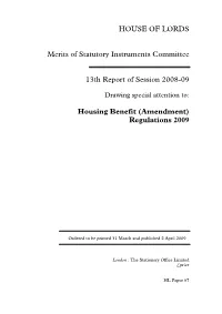 HOUSE of LORDS Merits of Statutory Instruments Committee 13Th Report
