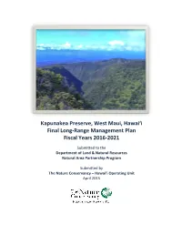 Kapunakea Long Range Management Plan 2016-2021
