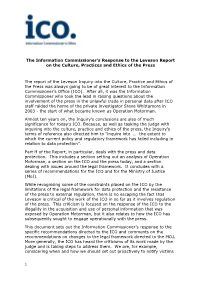 The Information Commissioner's Response to the Leveson Report on the Culture, Practices and Ethics of the Press the Report Of